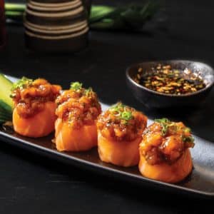 Salmon roses served with a tartar 